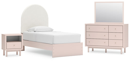 Wistenpine Twin Upholstered Panel Bed with Mirrored Dresser and Nightstand