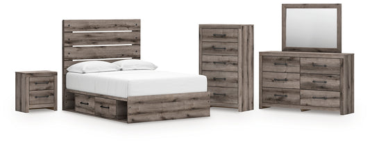 Graystorm Full Panel Bed with Storage with Mirrored Dresser, Chest and Nightstand