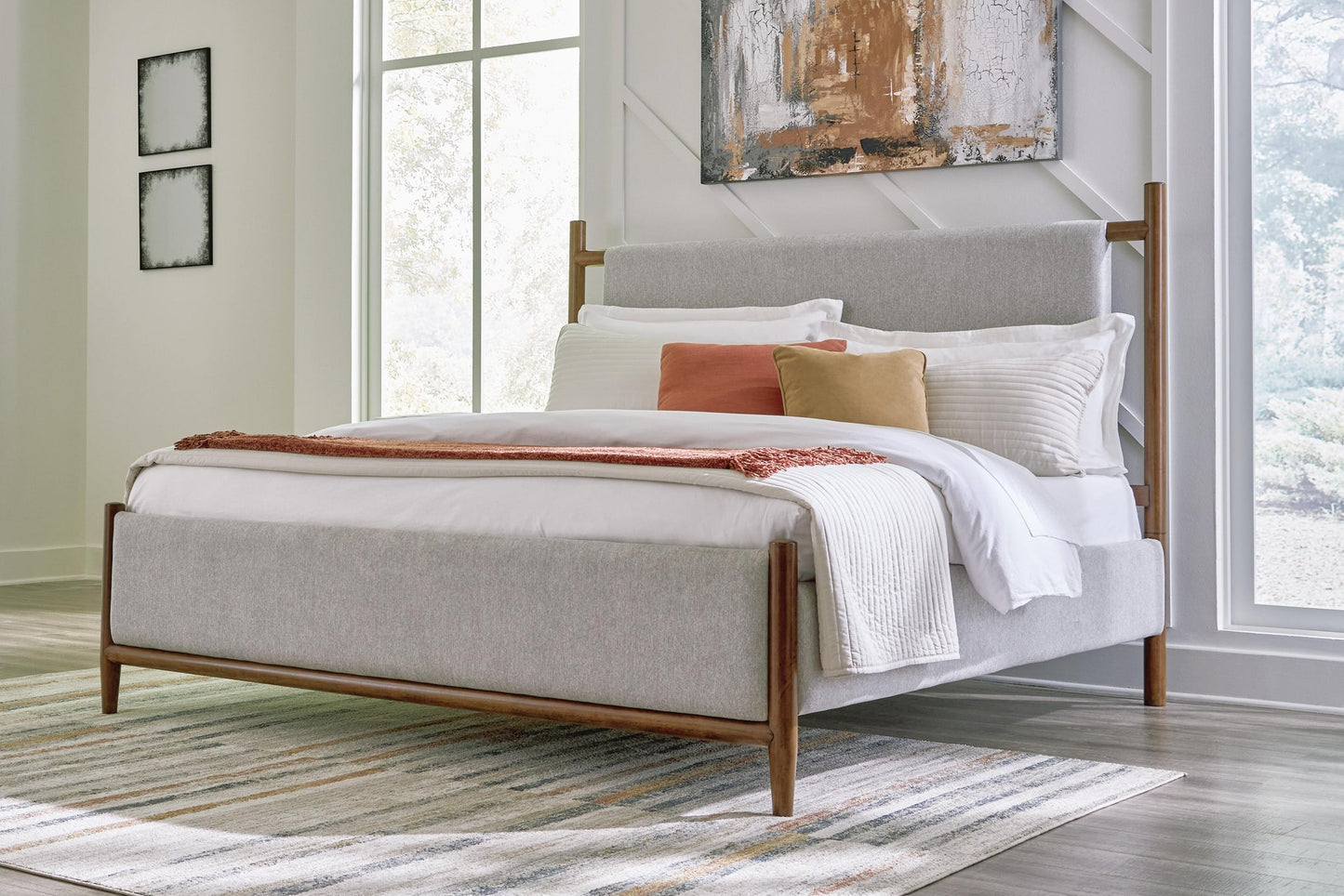 Lyncott Queen Upholstered Panel Bed, Dresser, Mirror, Chest and Nightstand
