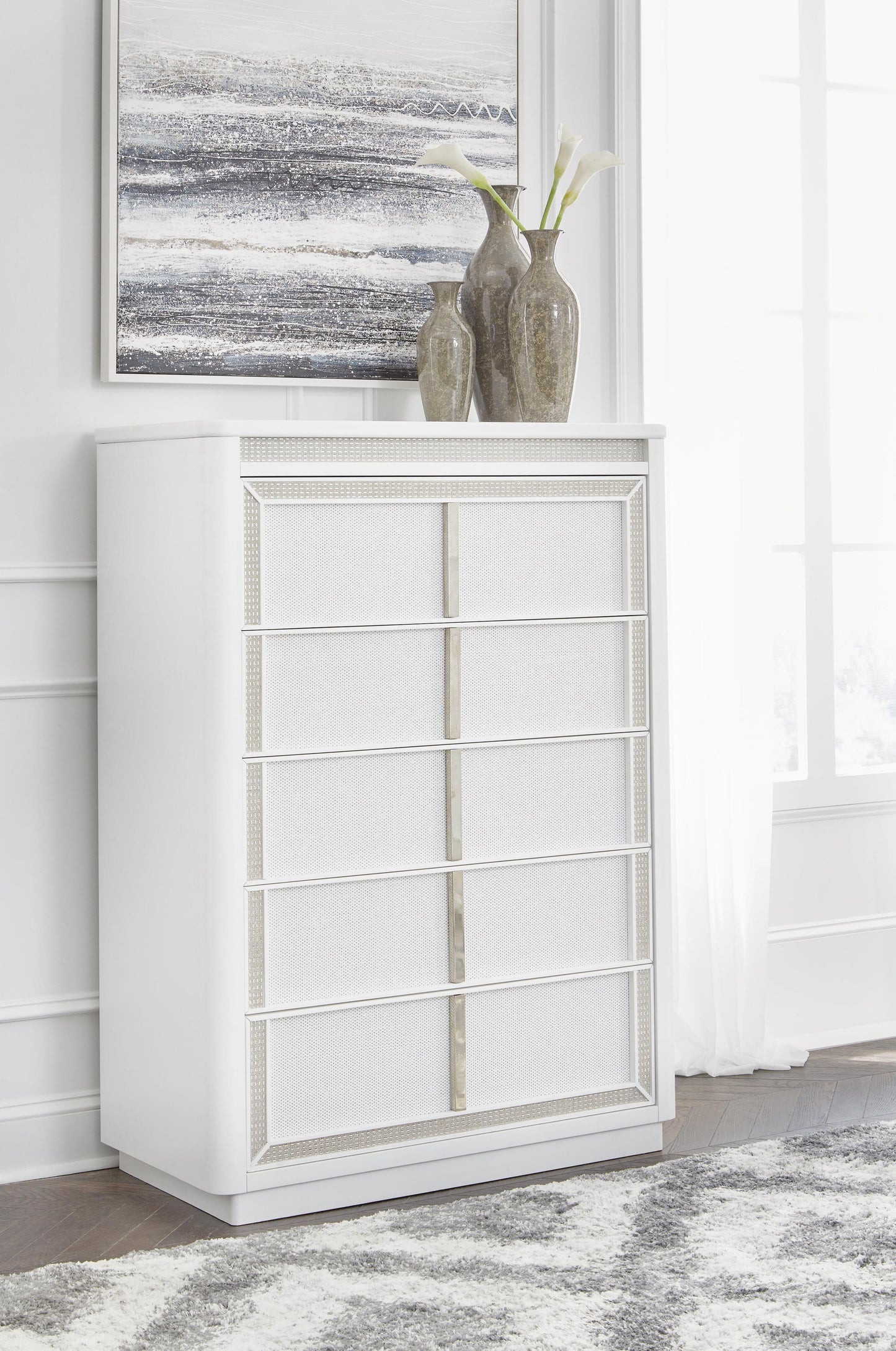 Chalanna Queen Upholstered Storage Bed, Dresser, Mirror, Chest and Nightstand