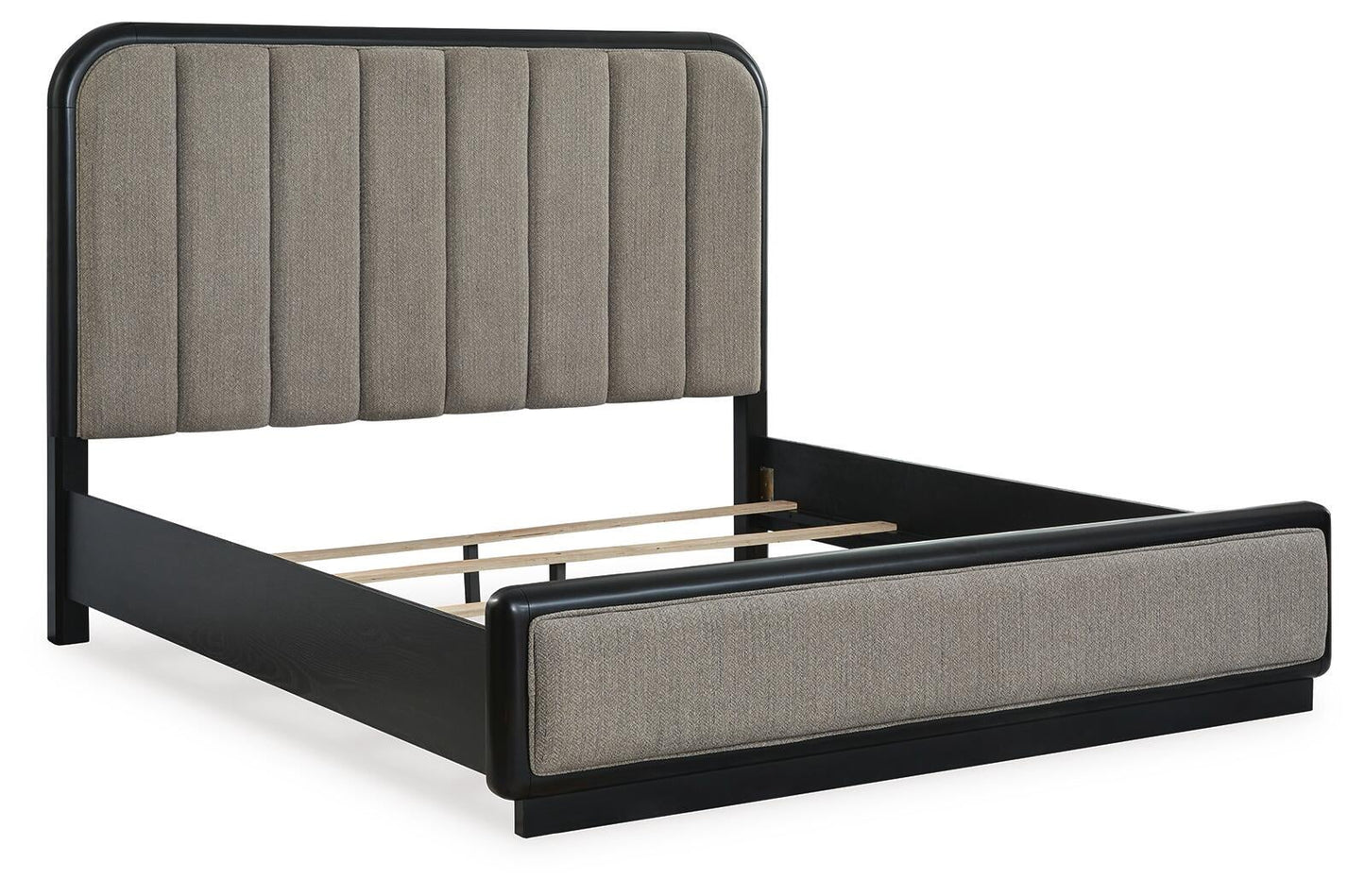 Rowanbeck California King Upholstered Panel Bed, Dresser, Mirror, Chest and Nightstand