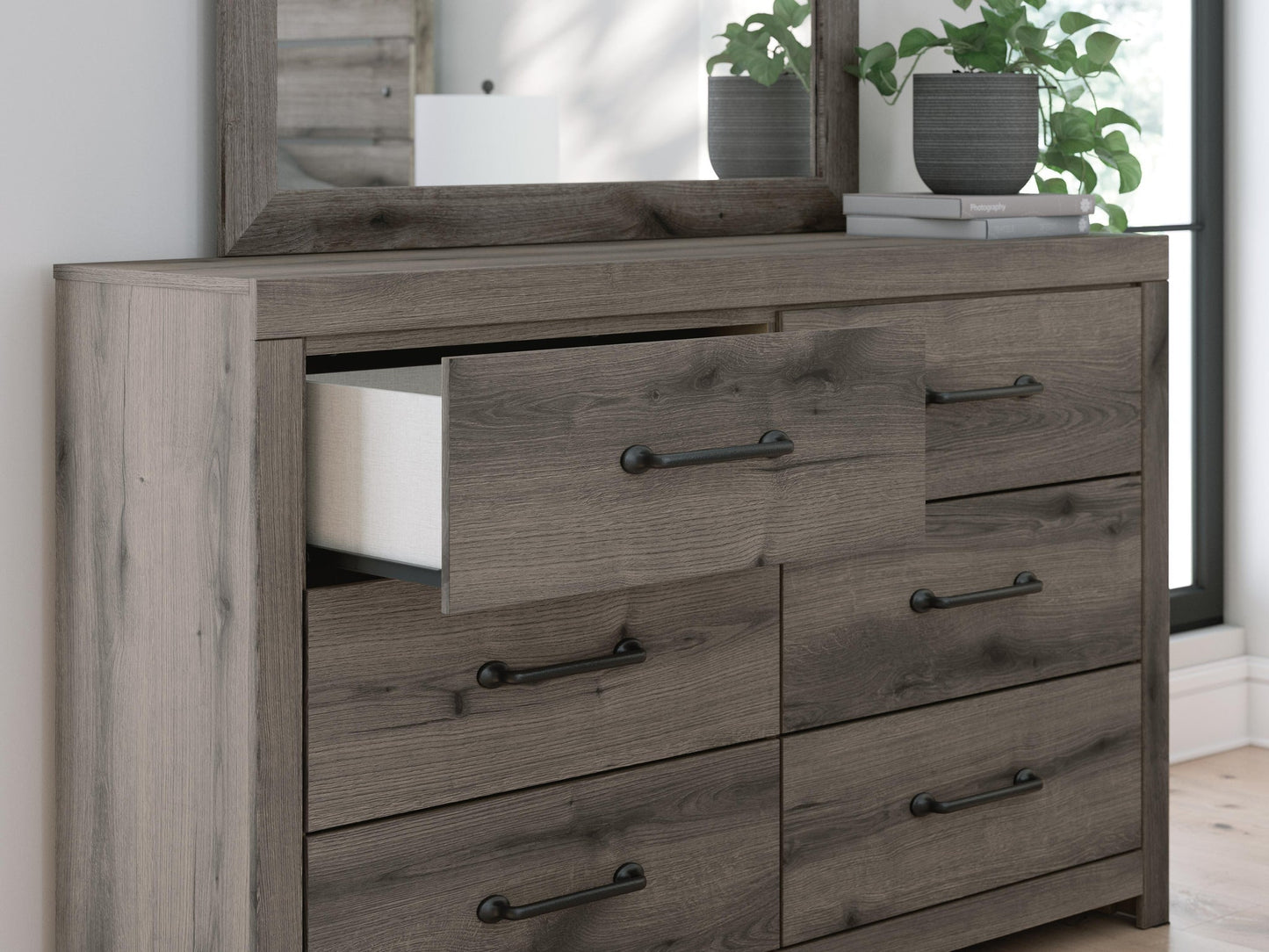 Graystorm Full Panel Bed with Storage, Dresser, Mirror and Nightstand