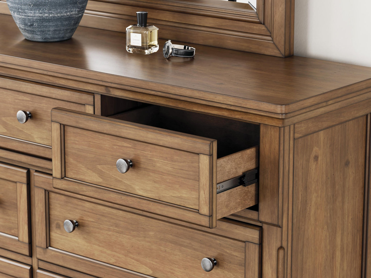 Feddinger California King Panel Bed with Mirrored Dresser and Nightstand