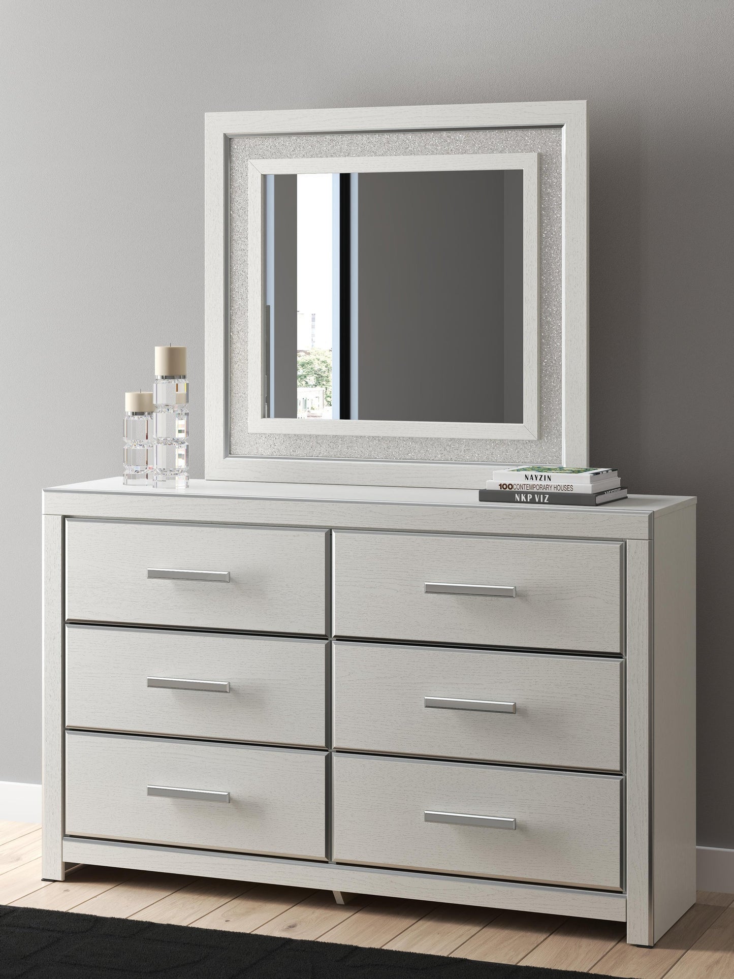 Zuraleus King Upholstered Panel Platform Bed, Dresser and Mirror
