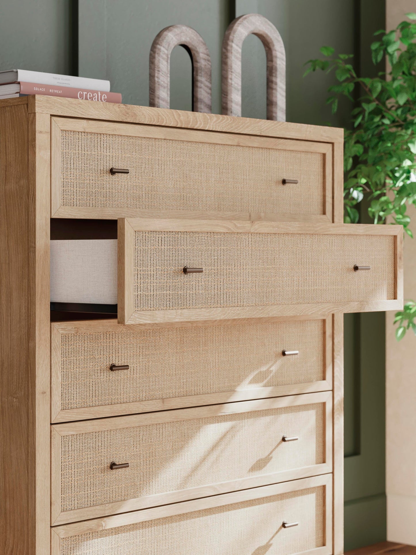 Cielden Full Upholstered Bed with Roll Slats, Dresser, Mirror, Chest and Nightstand