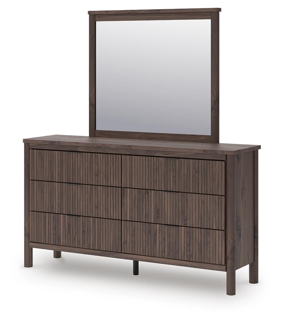 Pamytta Full Upholstered Panel Bed, Dresser, Mirror and Nightstand