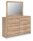 Kinlanni Queen Upholstered Panel Bed, Dresser and Mirror