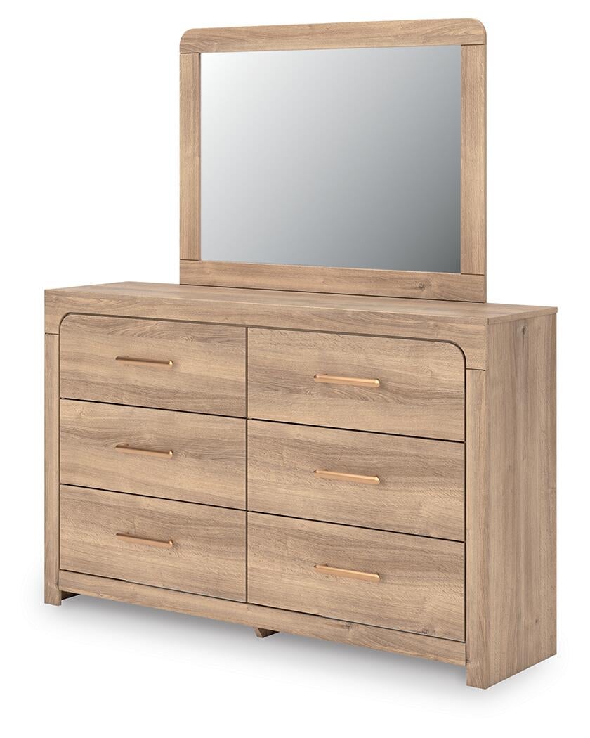 Kinlanni Queen Upholstered Panel Bed, Dresser and Mirror