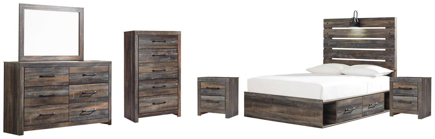 Drystan Full Panel Bed with 4 Storage Drawers with Mirrored Dresser, Chest and 2 Nightstands