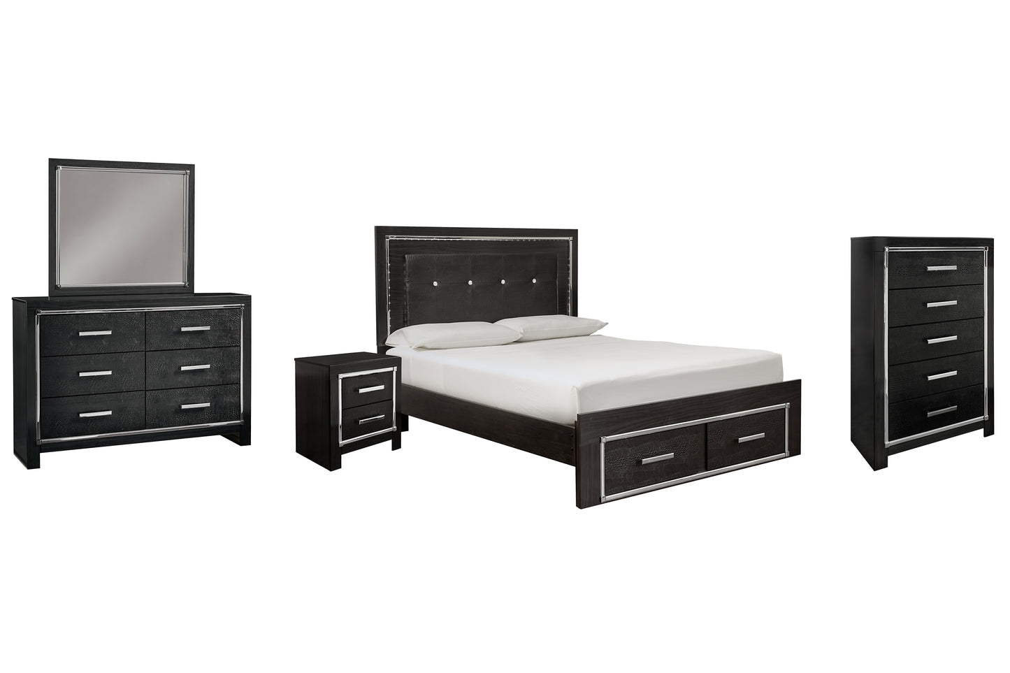Kaydell Queen Panel Bed with Storage with Mirrored Dresser, Chest and Nightstand