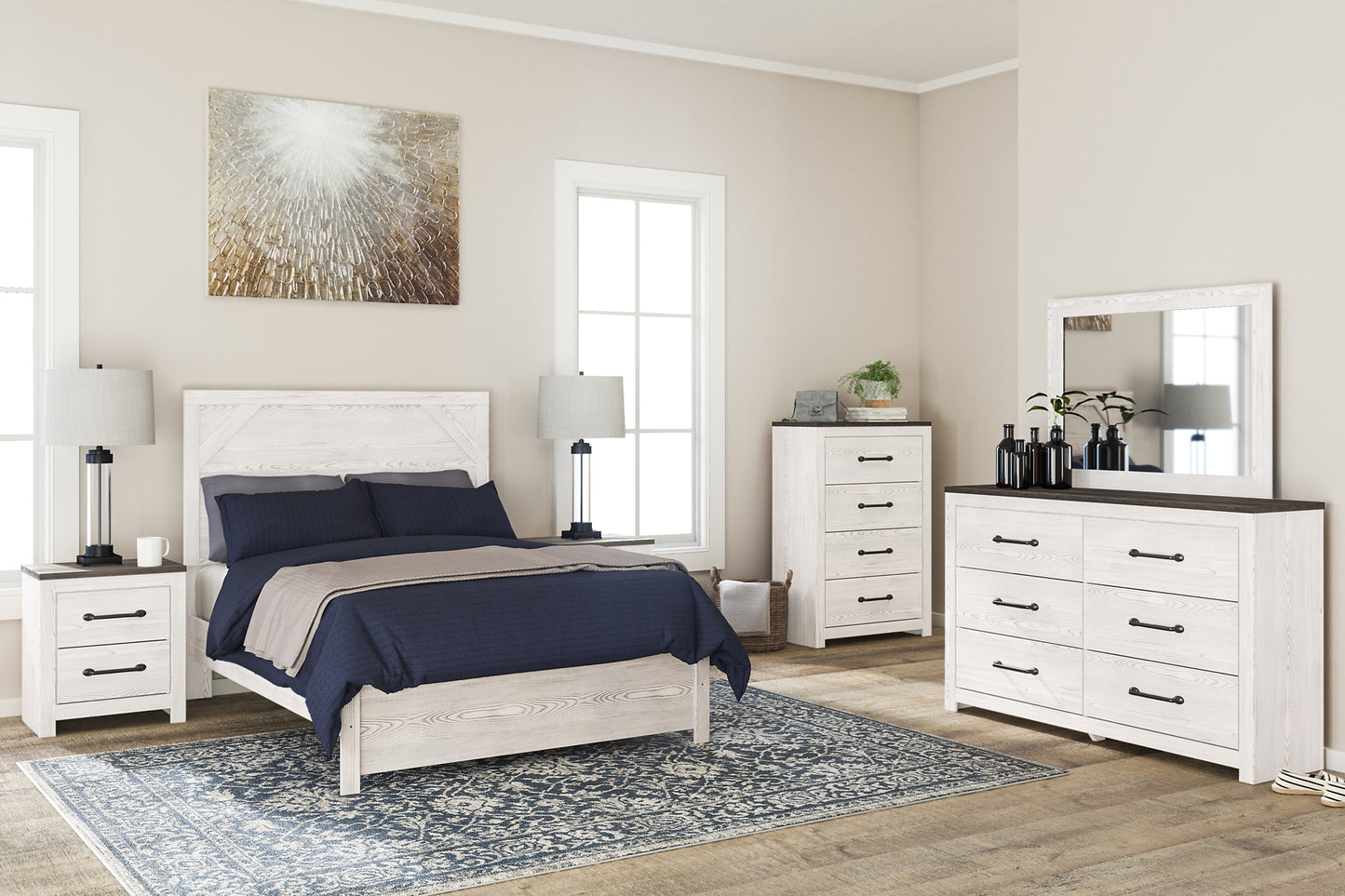 Gerridan Full Panel Bed with Mirrored Dresser and Chest