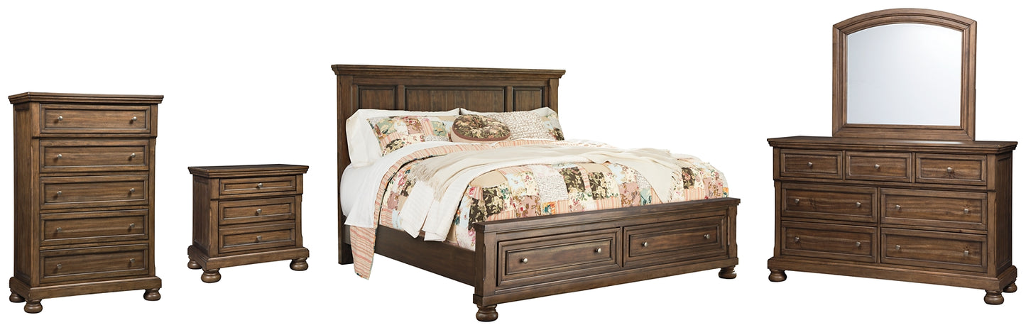 Flynnter California King Panel Bed with 2 Storage Drawers with Mirrored Dresser, Chest and Nightstand