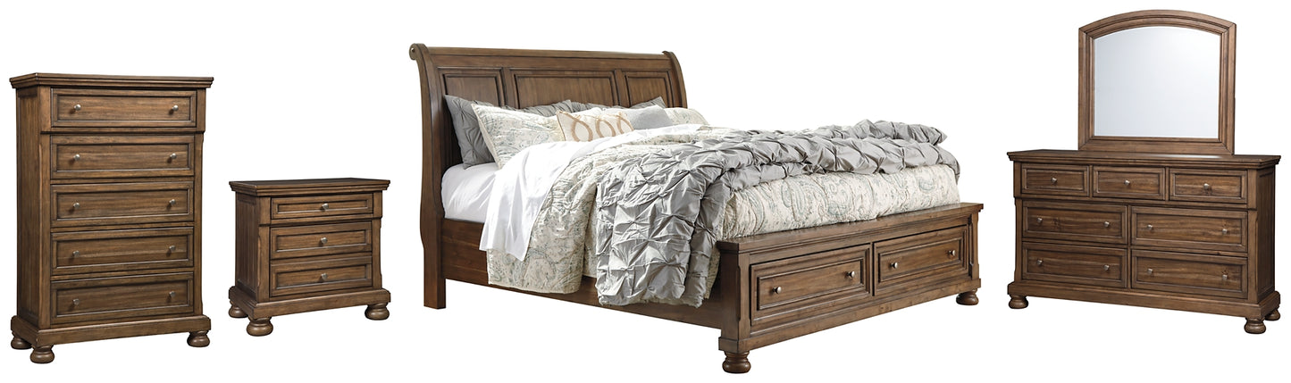Flynnter  Sleigh Bed With 2 Storage Drawers With Mirrored Dresser, Chest And Nightstand